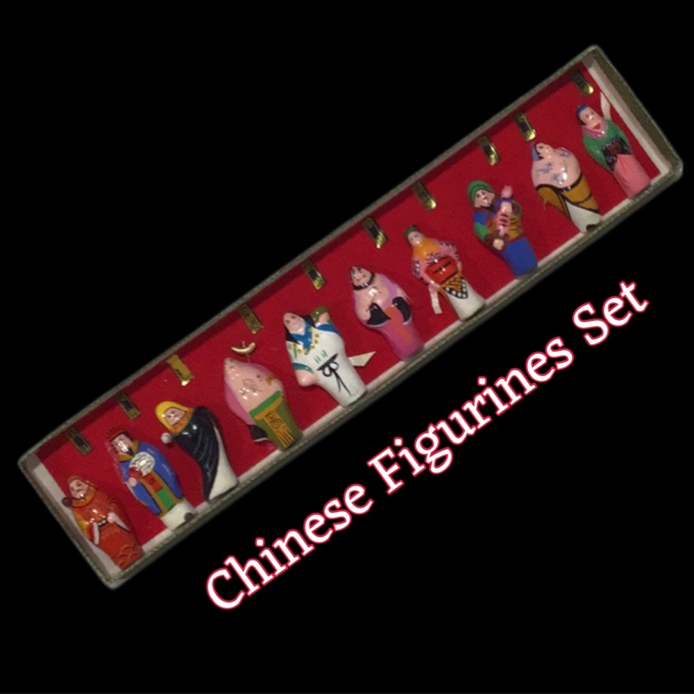 Vintage Chinese Miniature Clay Hand-Painted Figurines, Set of 10 in Display Box
